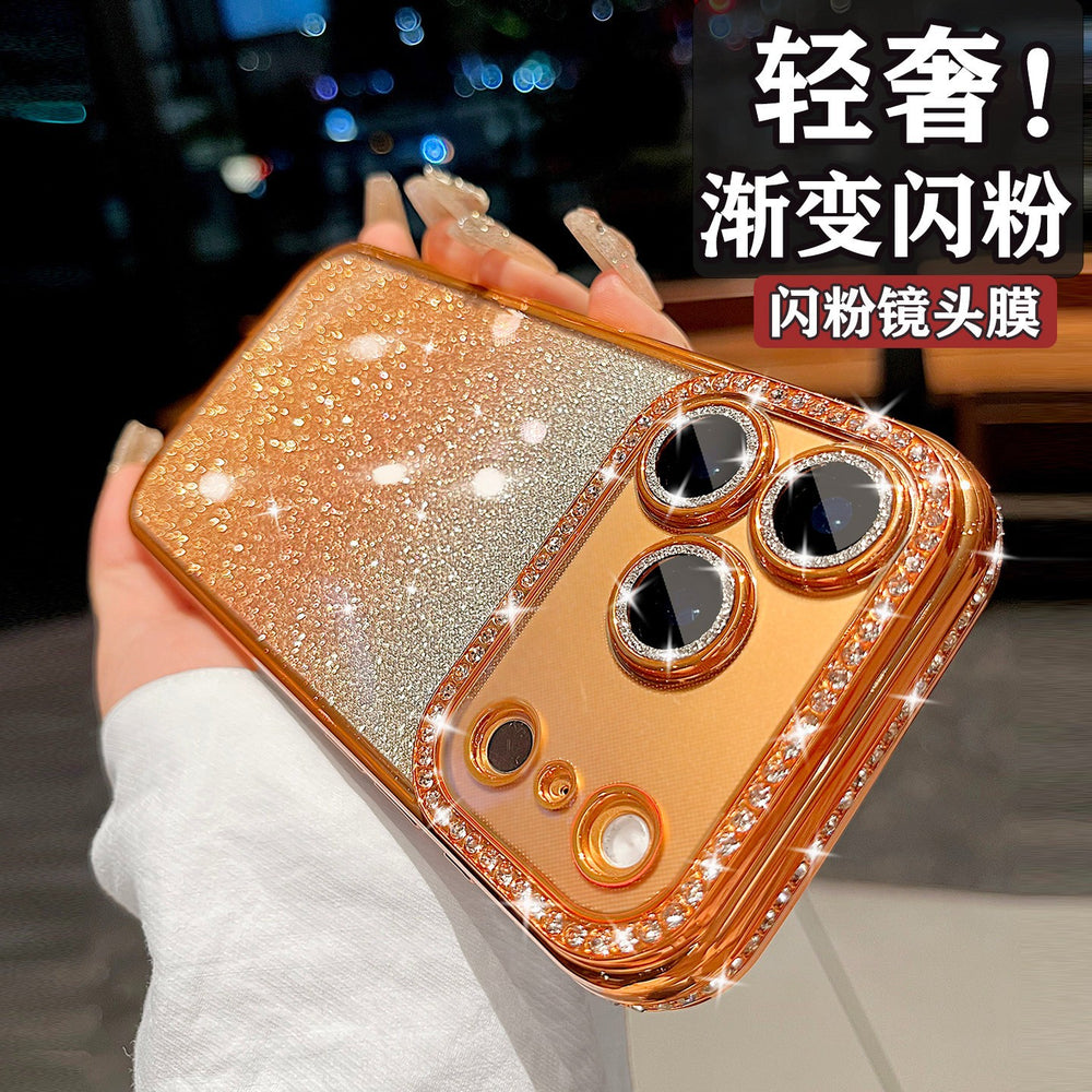 Premium rhinestone-embellished frame case for iphone 17 pro max - orange phone case, apple 15 gradient glitter full coverage