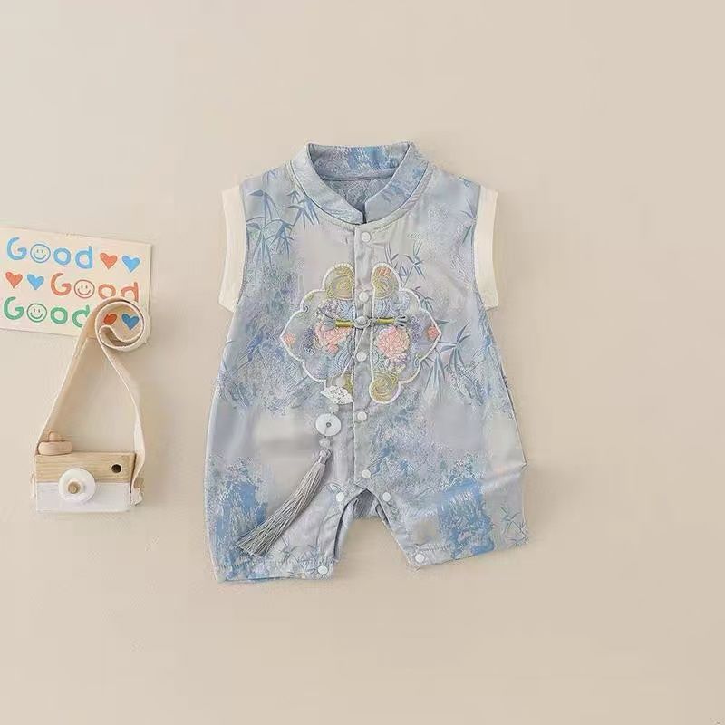 Summer 100-day first birthday sleeveless clothes, baby thin chinese style baby one-piece dress, climbing suit
