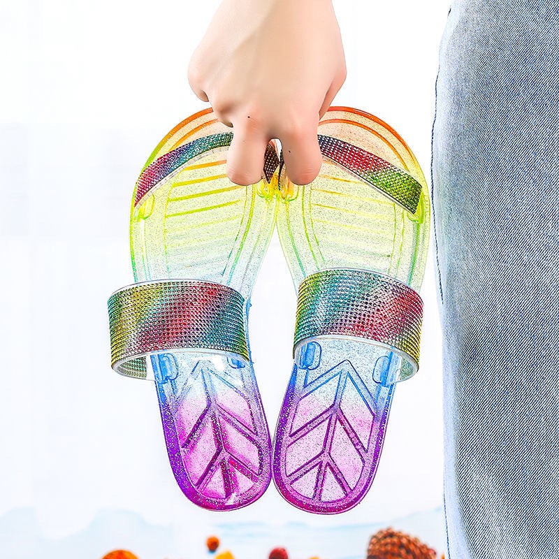 Women's slippers summer 2024 new fashion rhinestone stylish ladies' outdoor wear girly heart flat one-strap crystal sandals