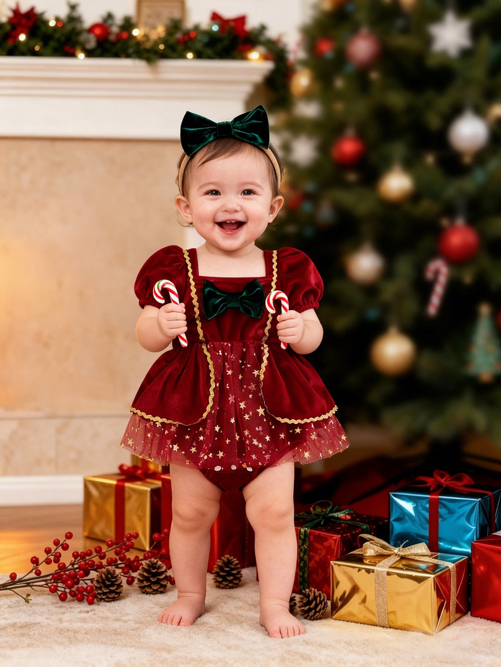 Baby girl christmas gold sequin velvet patchwork mesh romper dress
