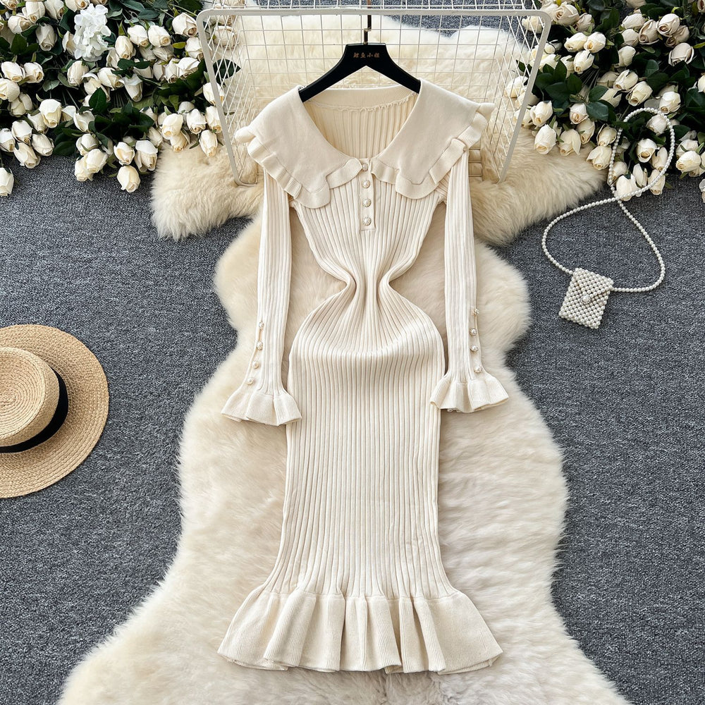 Autumnew arrivalretrocontrast color doll collar waist knittingdress women's elastic silmelegantruffles long skirt