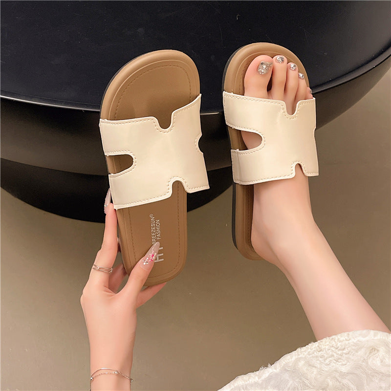 Fashionable starlight silver h strap versatile soft sole mules - french retro flat slide sandals for women