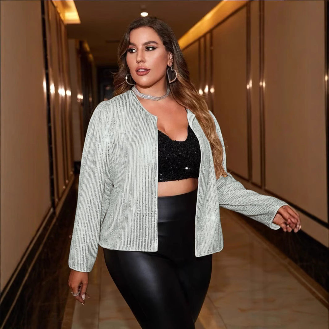 Europe, America, ,   new Xiaoxiangfeng cardigan, long-sleeved short top, sequined large-size women's coat