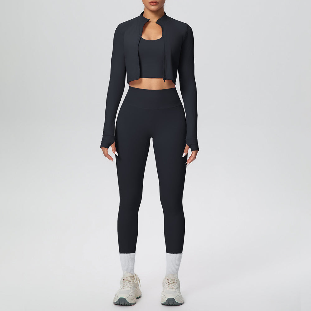 brushed tight-fitting breathable back-hanging halter vest long three-piece set sports running fitness yoga suit
