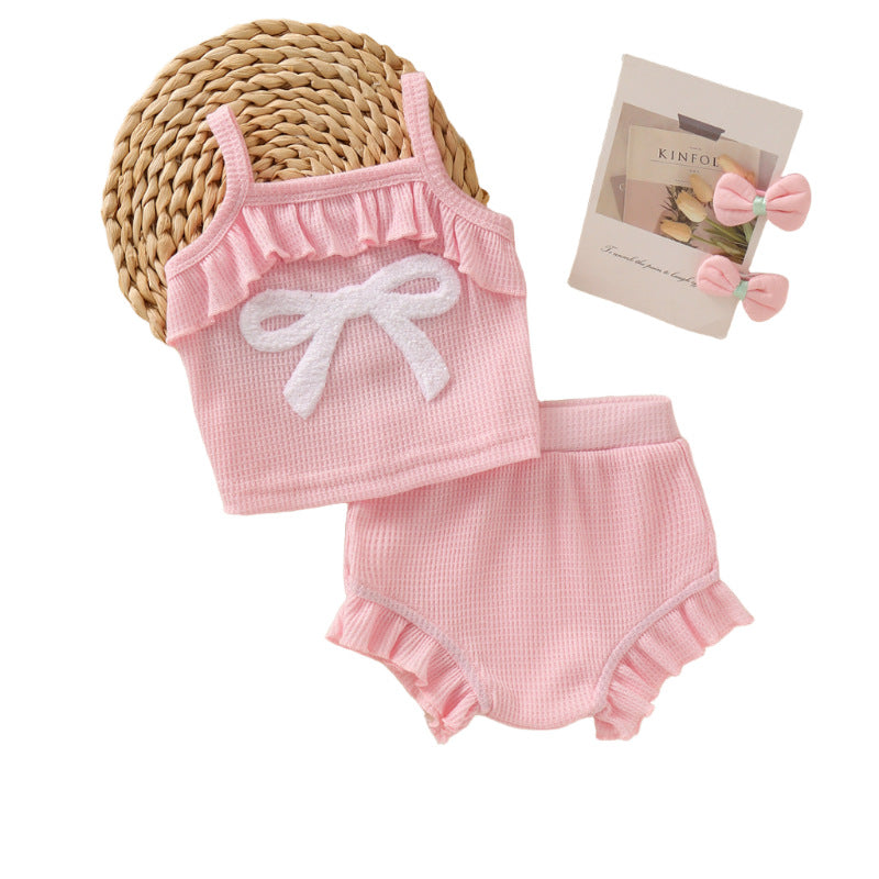 European and american style baby girl's cute suspender romper with bow and pink pants two-piece set