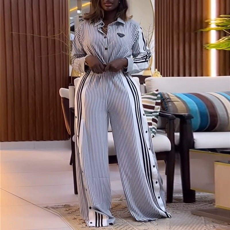 European and american cross-border women's fashion:  autumn new collection - stylish striped cropped long-sleeve shirt and wide-leg pants casual set
