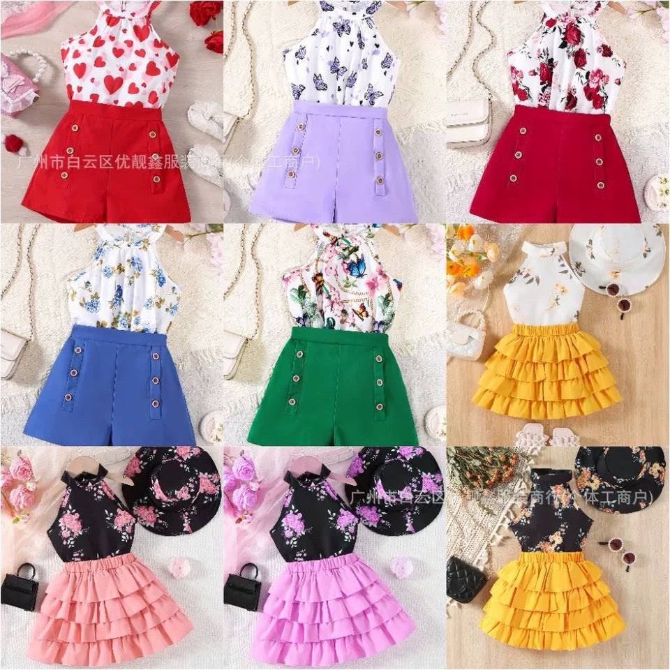 Girls' short-sleeve set:  cross-border trendy kids' clothing, little girl's top and shorts two-piece set, wholesale children's apparel