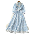 Frenchelegancev neck floral dress women's k-stylelong sleeves lapel waist a-line long skirt work clothingclassy