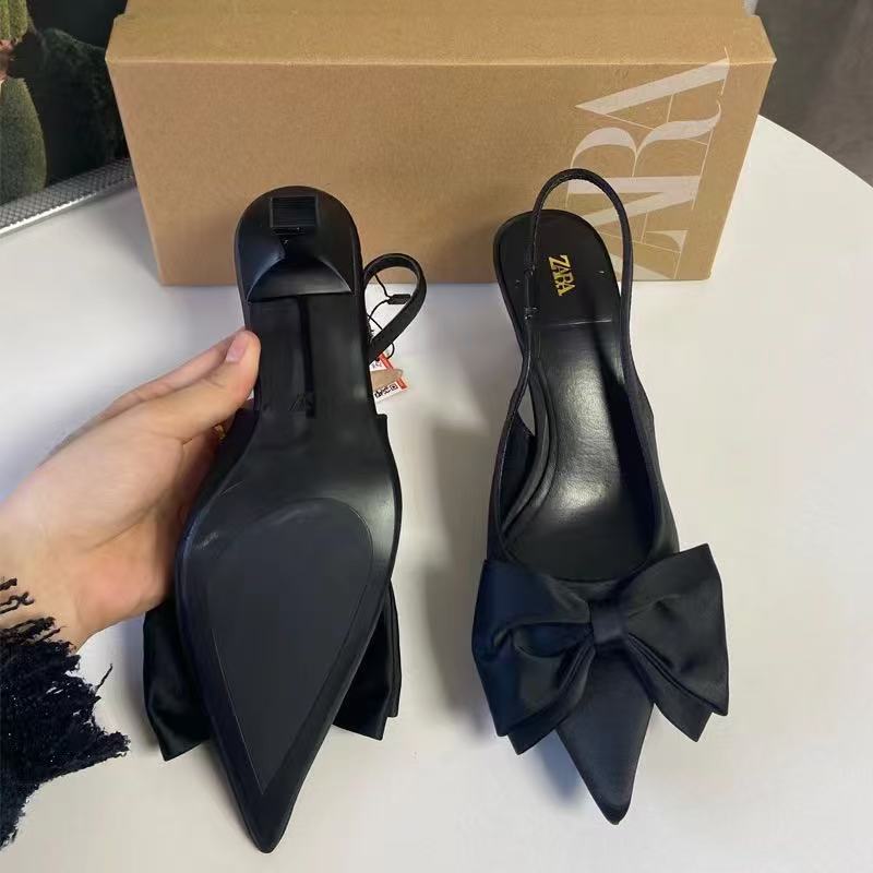 Za new 2024 spring low heel women's shoes - black stiletto pointed toe pumps with bow detail, open back fashion sandals