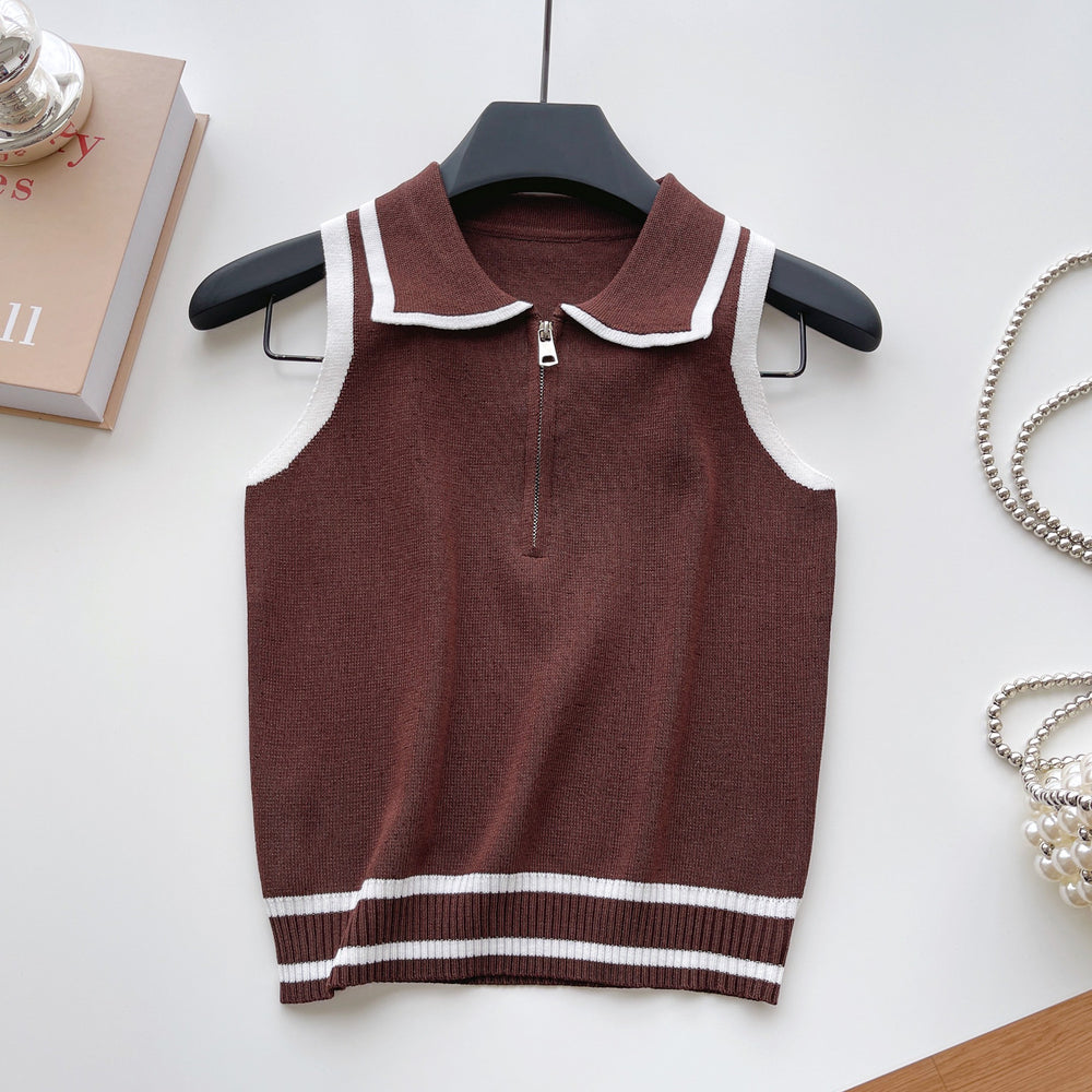 Korean ins summer new arrivalfashioncontrast color lapel knitting shirt vest women's silmslimming lookeasiest for match sleeveless tops