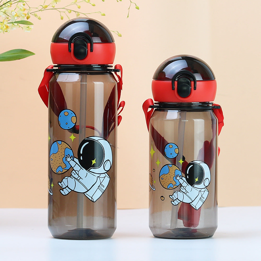 Factory customized cute cartoon kids straw cup pop-up lid plastic water bottle kindergarten strap water bottle portable water bottle