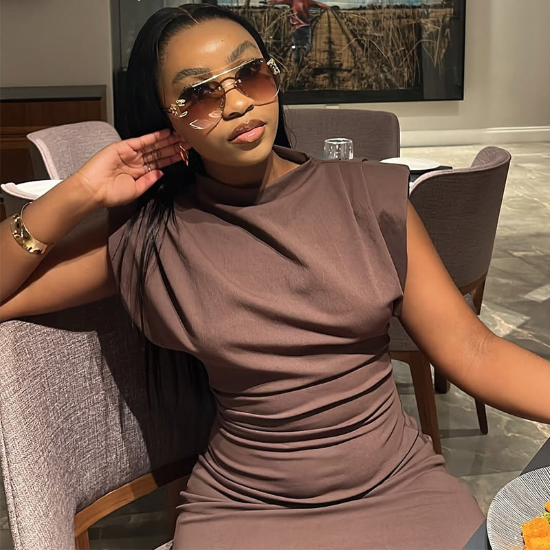 European and American  women's clothing 2025 summer new fashion temperament semi-turtleneck brown slim-fitting short dress