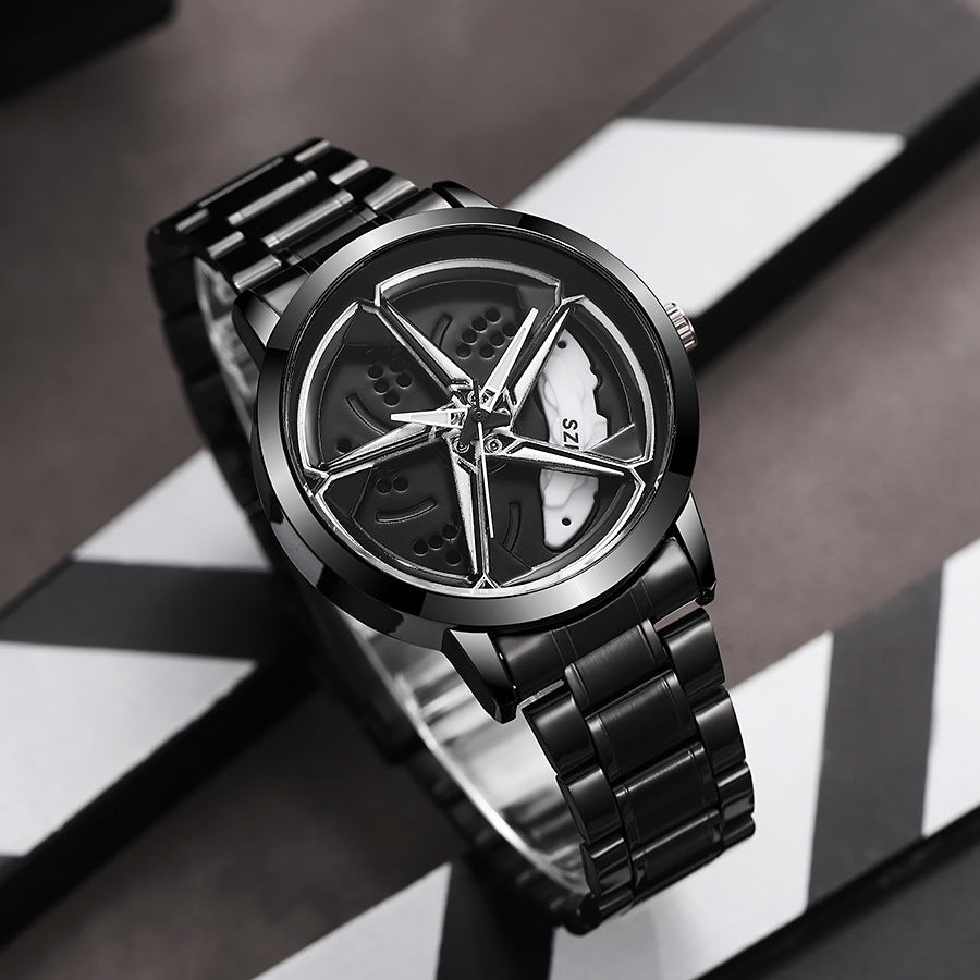 New hollow-out creative tech men's steel band watch with rotating bezel - cross-border quartz watch