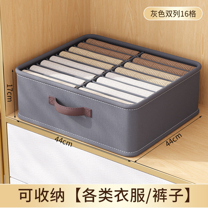 Double-row storage box for clothes, garments, and pants - wardrobe organizer with compartments, rectangular drawer, and layered design