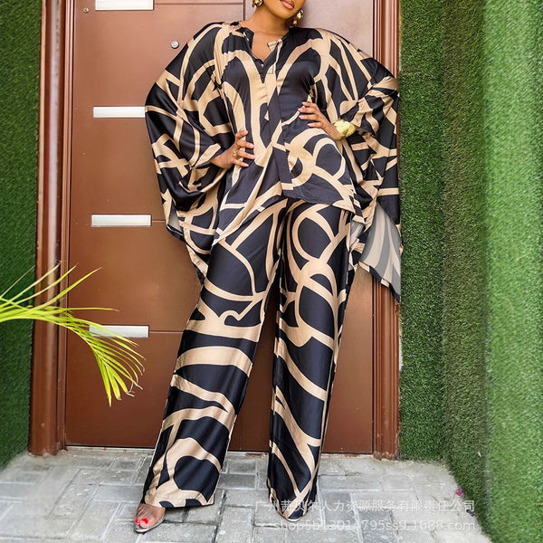 LZR19556 Women's Irregular Pattern Printed Loose Bat Sleeve Pullover Set Wide Leg Pants Set