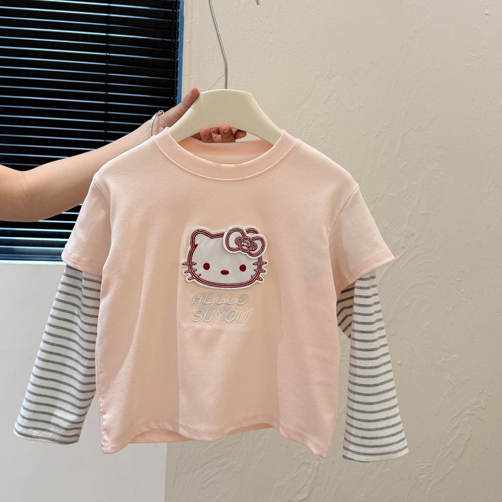 New spring girls' cartoon striped patchwork base layer t-shirt, korean style top for baby girls, trendy children's clothing