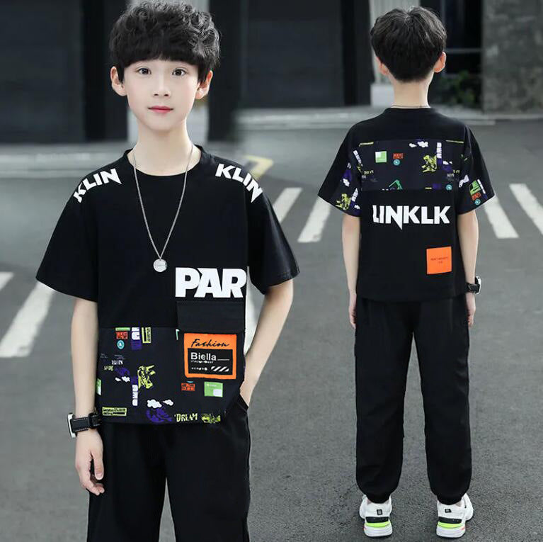 Boys' summer outfit set:  new styles for older boys - stylish, sporty, short-sleeved korean fashion