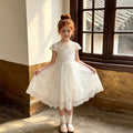 export girls' dress - lace trim, short sleeve, white, vacation style, tulle skirt, summer children's dress - in stock