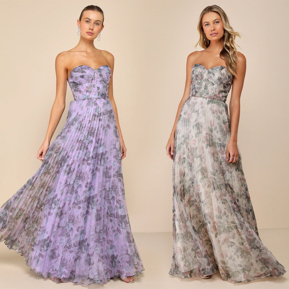 C7751 cross-border  new women's tube top fishbone floral pleated long evening dress fairy chiffon long skirt