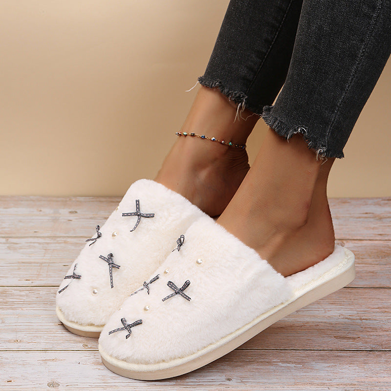 Cute girly ins style cotton slippers for women indoor flatsfor homeheattechfall and winterbowspopular furry slippers