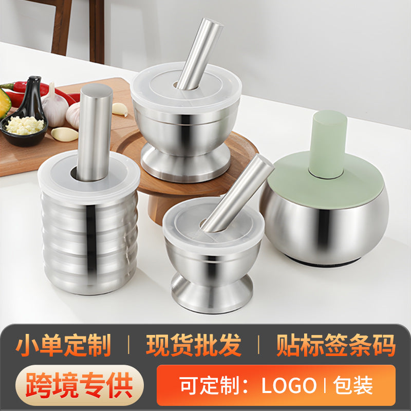 304 stainless steel garlic pounder, garlic paste bowl with lid, grinding artifact, medicine pounder, powder jar processing and personalized