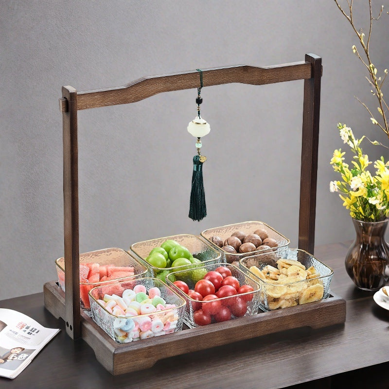Luxury walnut wood-effect fruit & snack platter - home use, divided compartments, creative dried fruit dish, dessert glass bowl & fruit plate