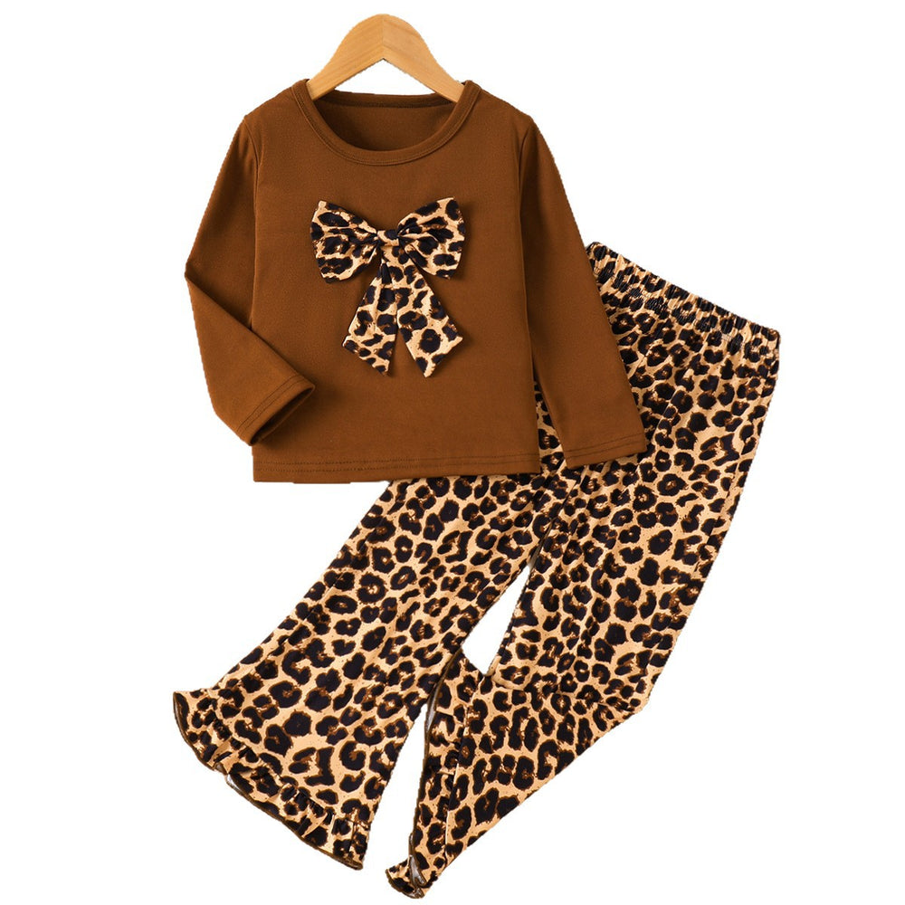 girls' two-piece set: brown long-sleeve top with leopard print bow detail and flared pants - casual kids' outfit