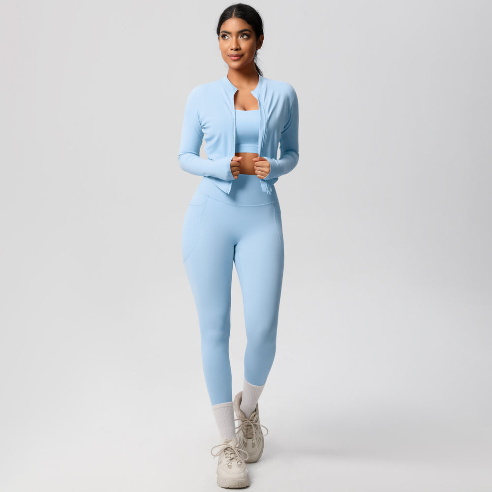 European and american new high-waisted tight-fitting pocket yoga outfit set - quick-dry brushed fabric, outdoor running fitness activewear three-piece set