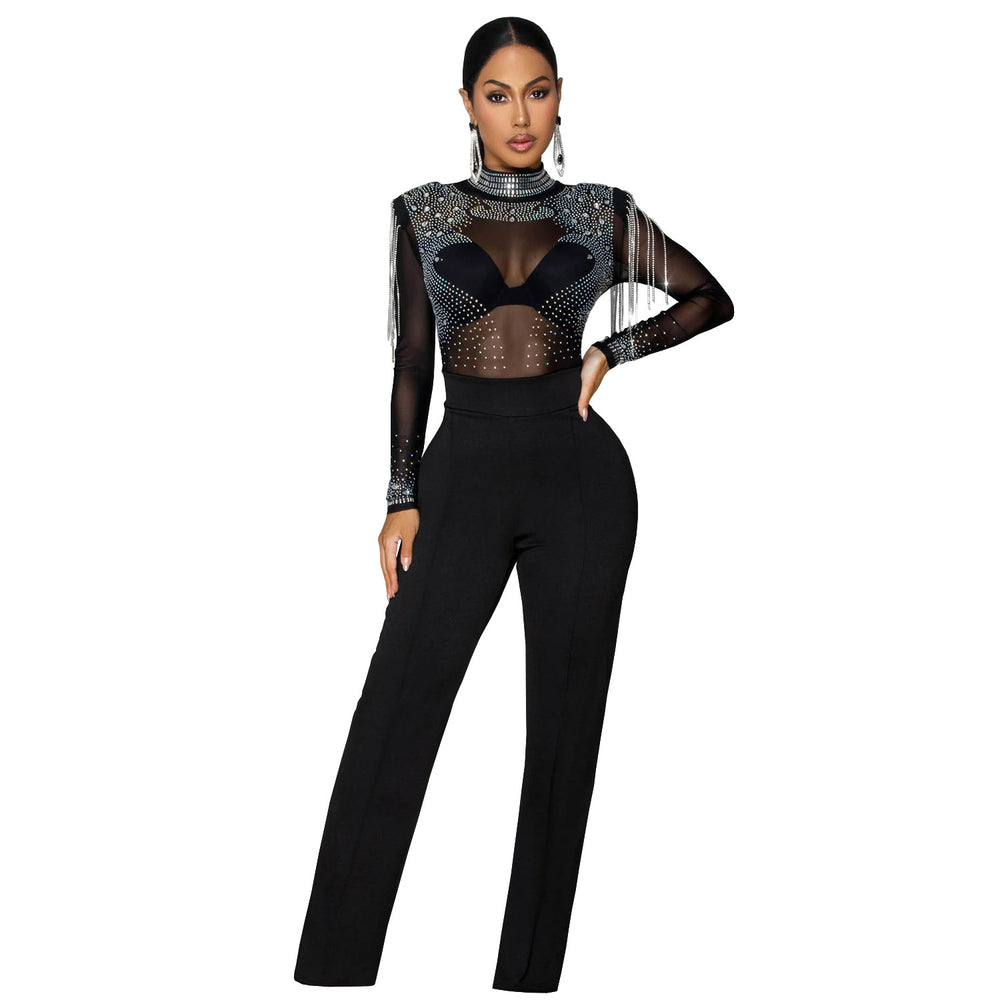 C7579 cross-border   fashion women's sexy see-through mesh rhinestone long-sleeve jumpsuit
