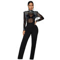 C7579 cross-border   fashion women's sexy see-through mesh rhinestone long-sleeve jumpsuit