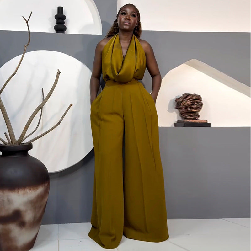 European and american women's clothing  autumn new collection: sweet and fresh halter neck turtleneck blouse with high-waisted straight-leg pants two-piece set