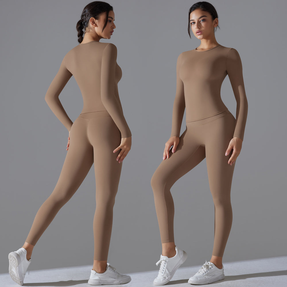 new arrival brushed nylon long sleeves yoga clothes high elastic naked tight sports suit running fitness two-piece set