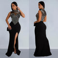 C6913 cross-border   fashion women's solid color mesh rhinestone sleeveless maxi dress
