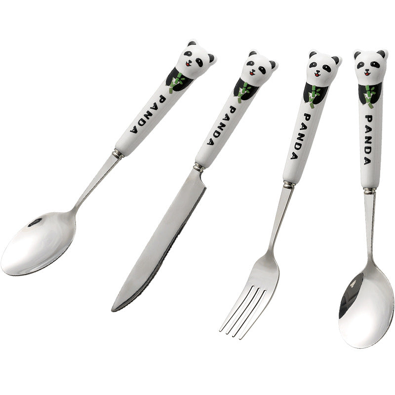 Cartoon stainless steel cutlery set: cute kids' forks with stylish ceramic handles, exquisite dessert spoons, and serving spoons