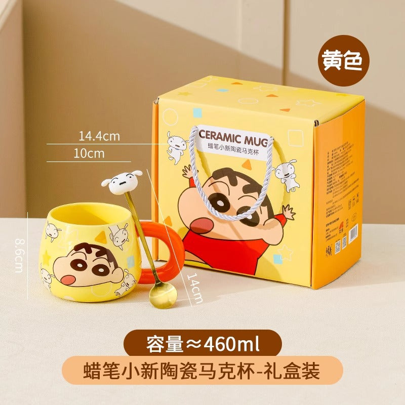 Crayon small new big belly mug with spoon gift box ceramic cup cute cartoon water cup high value coffee cup