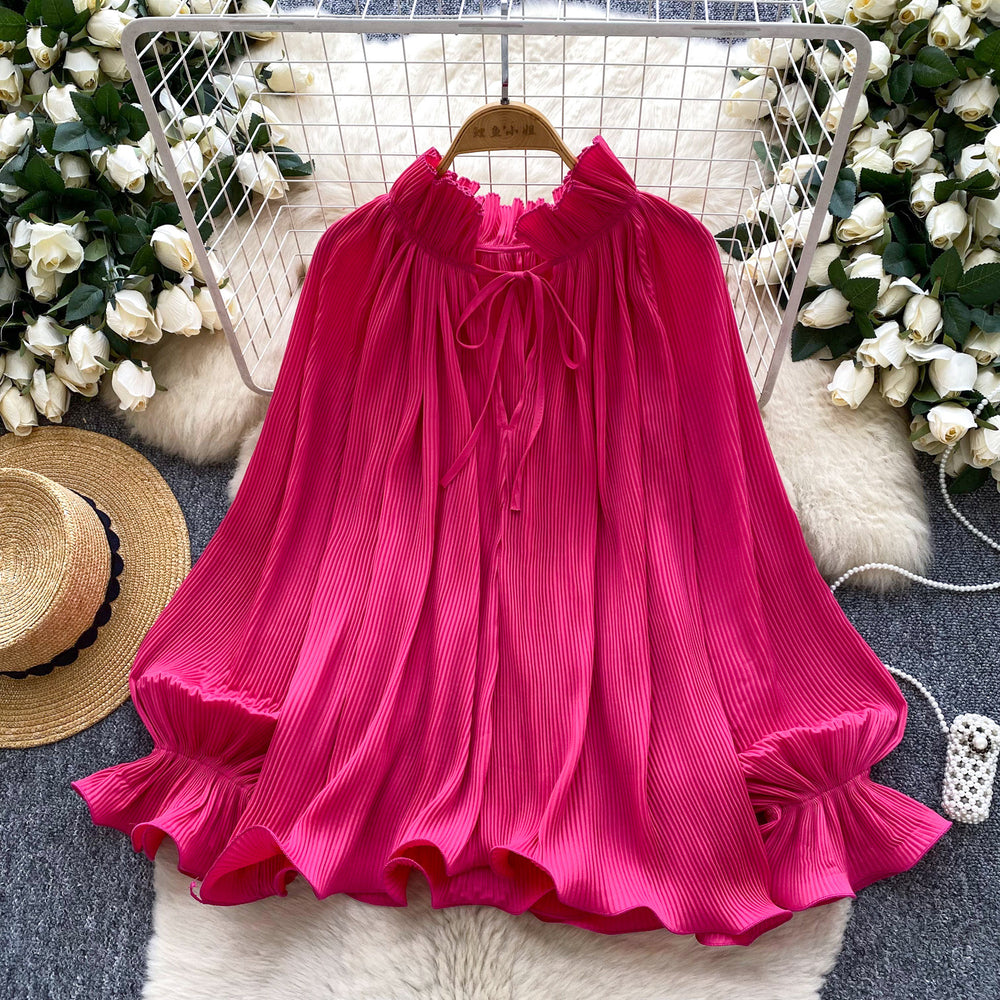 Gentle wind elegant bell sleeve pleated shirt for women autumfrenchlooseslimming lookcasualrufflestops