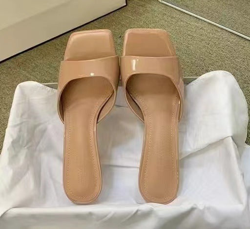French high-heeled sandals - patent leather, 2024 new collection, versatile stiletto heel, square toe, open toe, sexy outdoor slippers for women