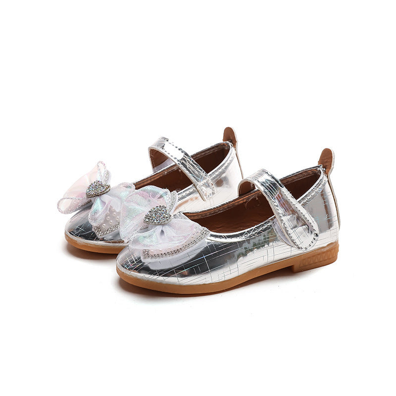 Girls'  spring new bowknot soft sole princess leather shoes for mid-to-large children - wholesale magic tape closure kids' shoes (direct from manufacturer)