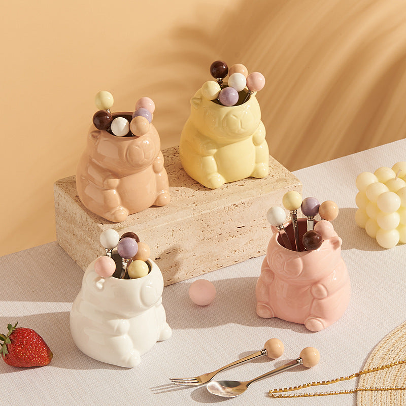 Cream style capybara ceramic fruit fork suit afternoon tea fruit fork spoon restaurant cafe fork spoon wholesale
