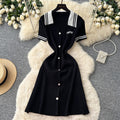 Korean style commute lapel short sleeve knitted dress - women's summer minimalist letter print waist-cinching slimming elegant a-line dress