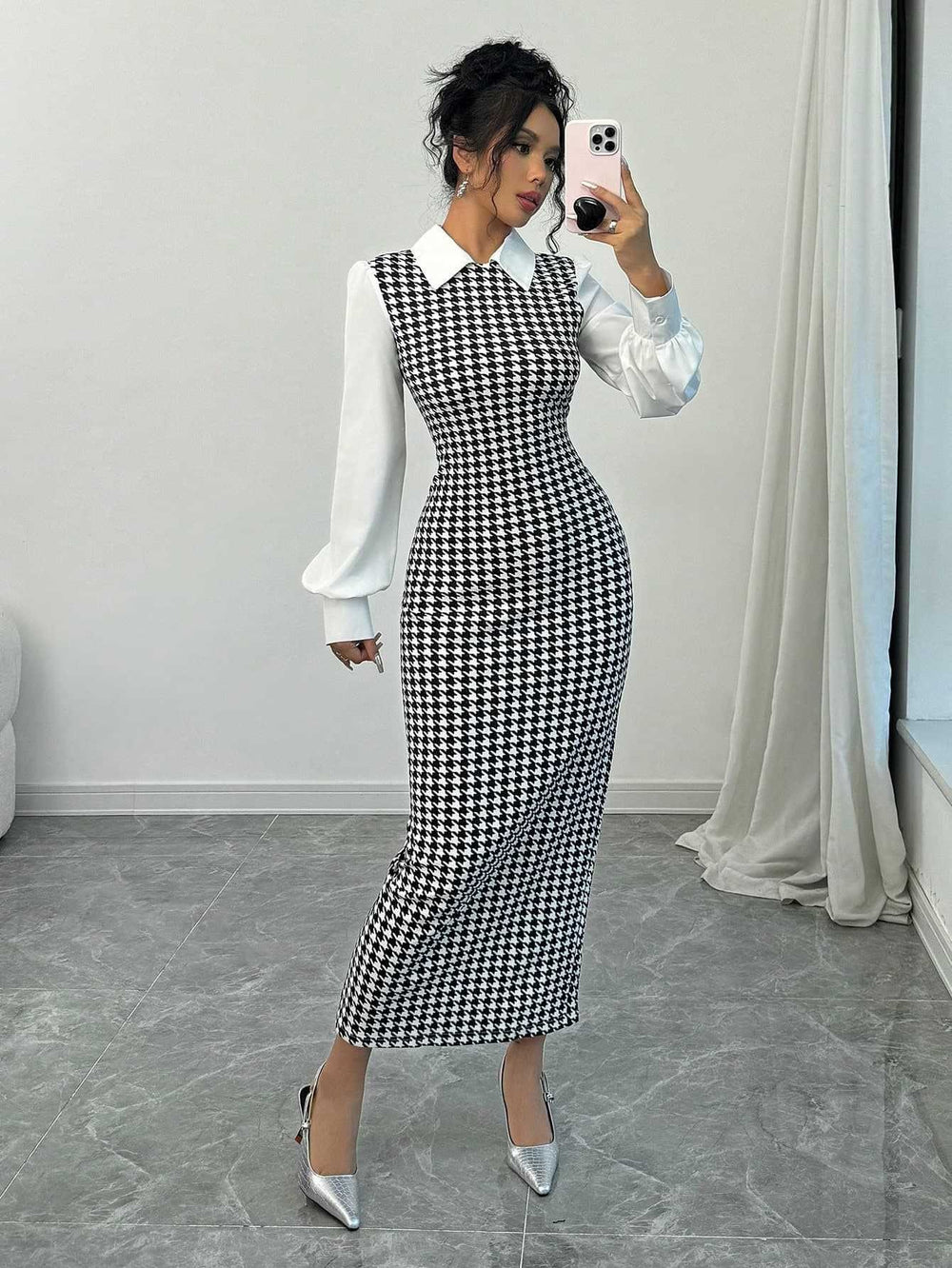 Amazon slim-fit bubble sleeve dress - women's tk cross-border houndstooth bodycon maxi dress