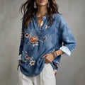 Women's bohemian style vacation shirt - blue floral print, flowy, loose fit, long sleeve pullover blouse - wholesale supply