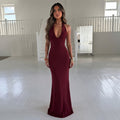 European and american cross-border women's fashion  new solid color sleeveless halter neck back tie-up long bodycon mini dress