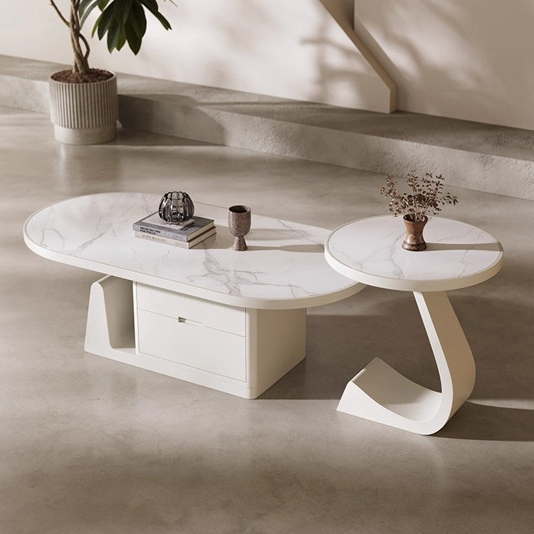 living room home small apartment coffee table oval slate storage solid walnut wood mid-century style with drawer
