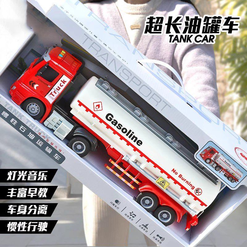 Kids' large-sized oil tanker truck with water spray, double doors, lights, music, and pull-back mud pump truck – perfect toy for boys!