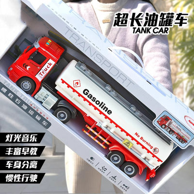 Kids' large-sized oil tanker truck with water spray, double doors, lights, music, and pull-back mud pump truck – perfect toy for boys!