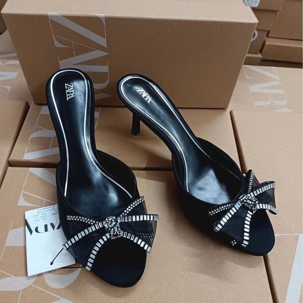 Za2024 summer new rhinestone bowknot embellished european and american style high heel women's sandals for everyday wear