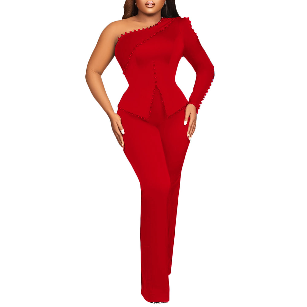 D463  foreign trade women's clothing  spring new style one-shoulder beaded ol two-piece set plus size european and american style outfit
