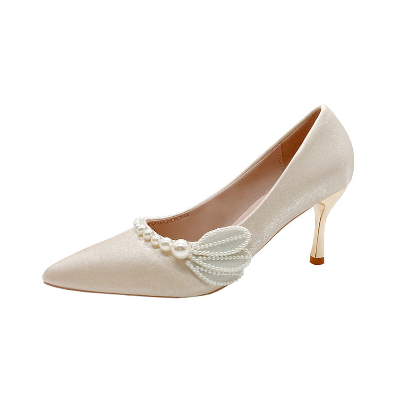 Pearl bridal high heels 2022 new pointed toe xiuhe dress wedding shoes for pregnant women, comfortable chinese style wedding shoes for women