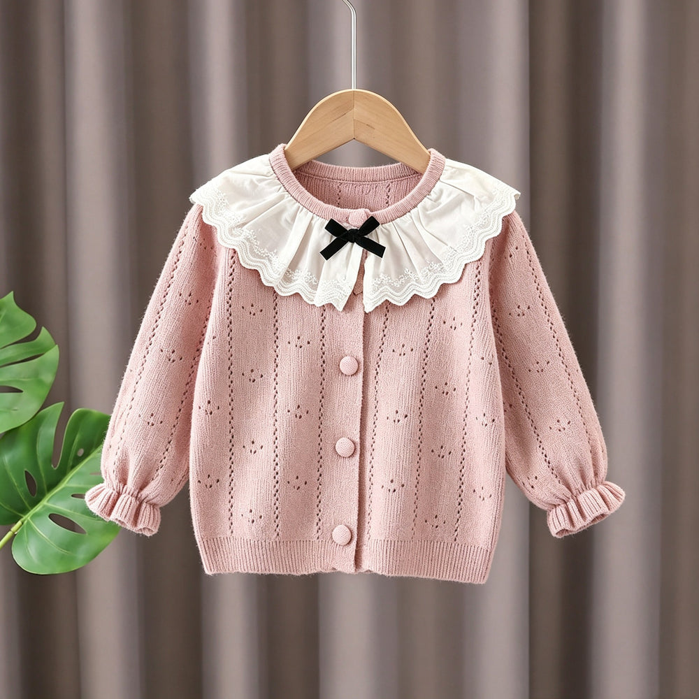 Girls' cardigan sweater - autumn/winter outerwear - kids' princess lace trim bow knit jacket